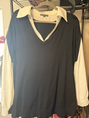 Adrianna Papell Black V-Neck Layered-Look Sweater with White Collar